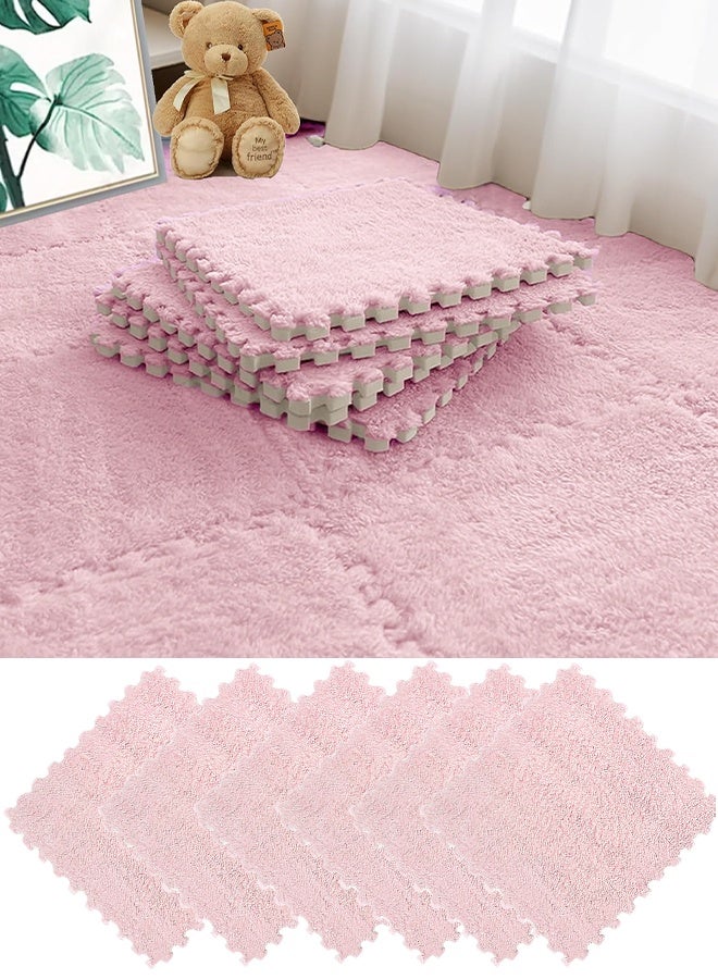 6 Pcs Plush Foam Floor Mat Square Interlocking Carpet Tiles with Border Fluffy Play Mat Floor Tiles Fluffy Area Rugs Square Soft Climbing Area Rugs DIY Floor Crawling Mat Tiles for Home Playroom Decor (Pink) - Image 1